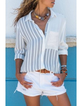 White Stripe Button Up Long Sleeve Casual Shirt