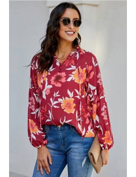 Red Floral Print Long Sleeve Casual Blouse