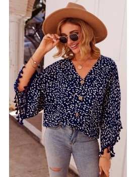 Dark-blue Floral Print Button Up Tassels Casual Blouse