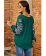 Green Floral Embroidery V Neck Long Sleeve Casual Blouse