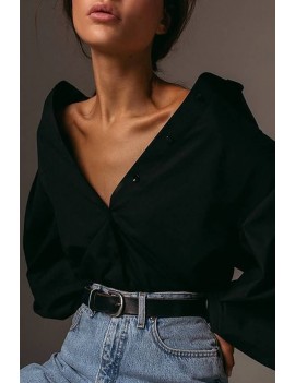 Black Button Up Puff Sleeve Casual Shirt