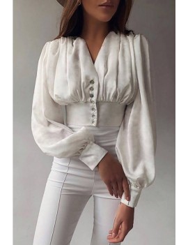 Button Up V Neck Long Sleeve Casual Blouse