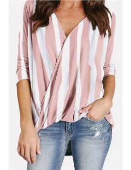 Pink Stripe Wrap Long Sleeve Casual Blouse