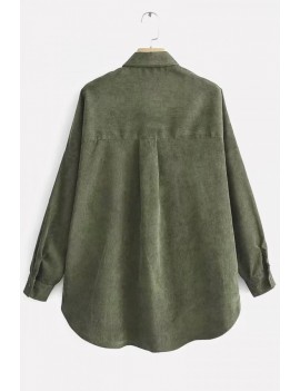 Army-green Corduroy Button Up Long Sleeve High Low Casual Shirt