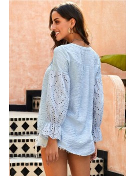 Light-blue Button Up Hollow Out V Neck Long Sleeve Casual Blouse