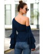 Dark-blue Tied One Shoulder Flare Sleeve Casual Blouse