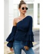 Dark-blue Tied One Shoulder Flare Sleeve Casual Blouse