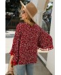 Dark-red Floral Print Button Up Tassels Casual Blouse